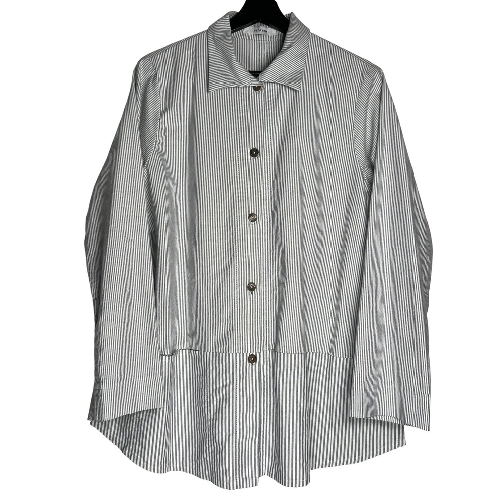 Vitamin Womens XL Cotton‎ Striped Button Down Long Sleeve Shirt Black White